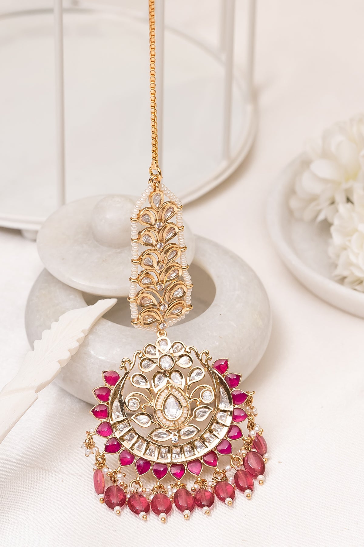 Huma Polki Pink Maangtikka