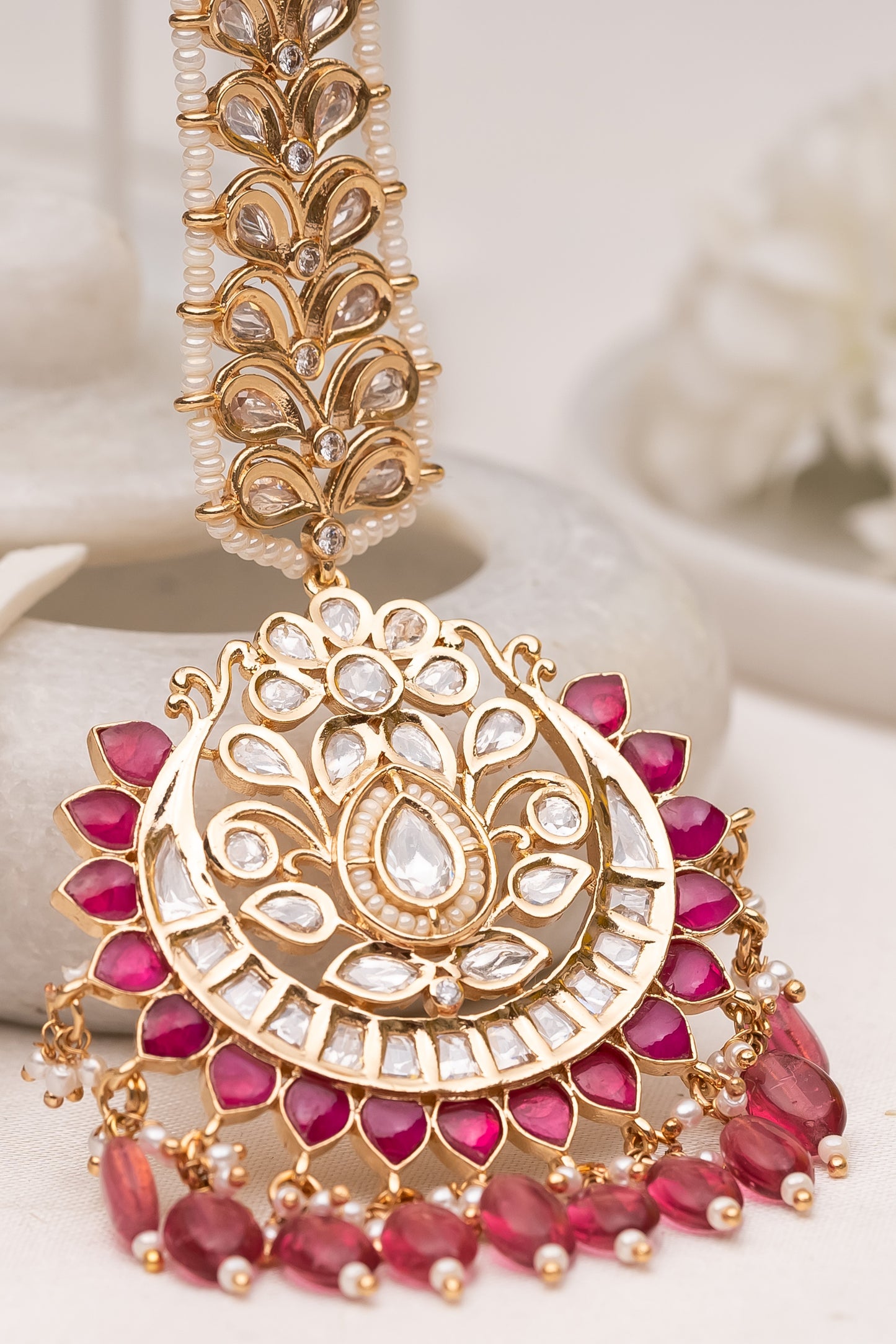 Huma Polki Pink Maangtikka