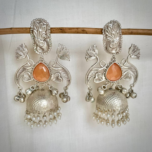 92.5 Silver Polish Handmade Jhumka In Orange Monalisa Stone