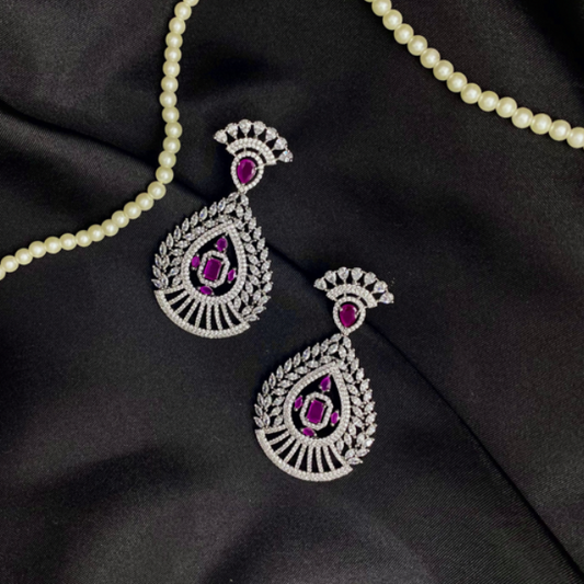 Rhodium Plated CZ Ruby Designer Diamond Earrings| Dangler| CZ Bridal Earrings| Fancy Earrings (Copy)