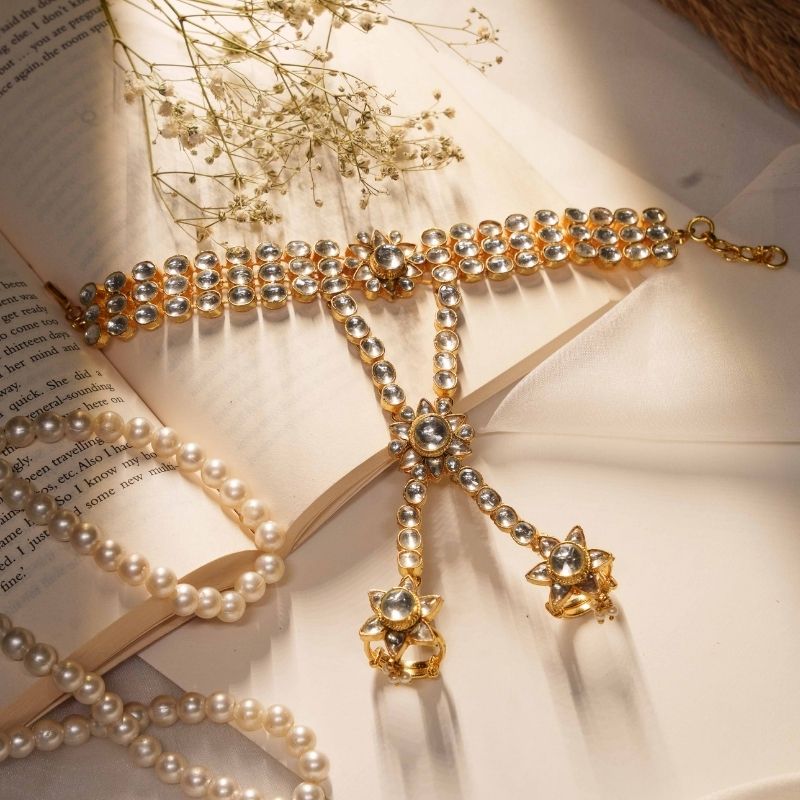 Kiza White Jadtar Embellished Pearl Haath Phool