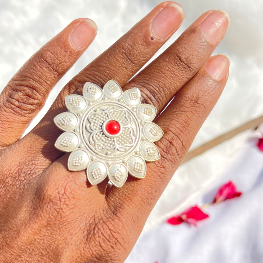 Silver Oxidised Coral Red Ring