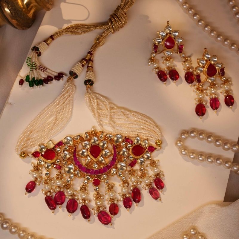 Vibha pink & White Jadtar Embellished Necklace Set