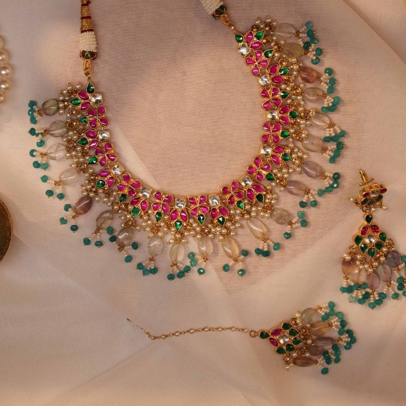 Unaya Multicolured Kundan Embellished Necklace Set