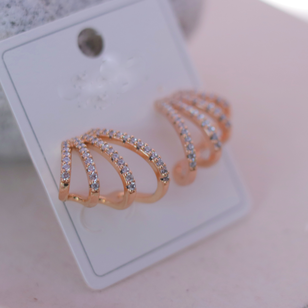Rose Gold Triple-Band Pave Cubic Zirconia Ear Climber Earrings