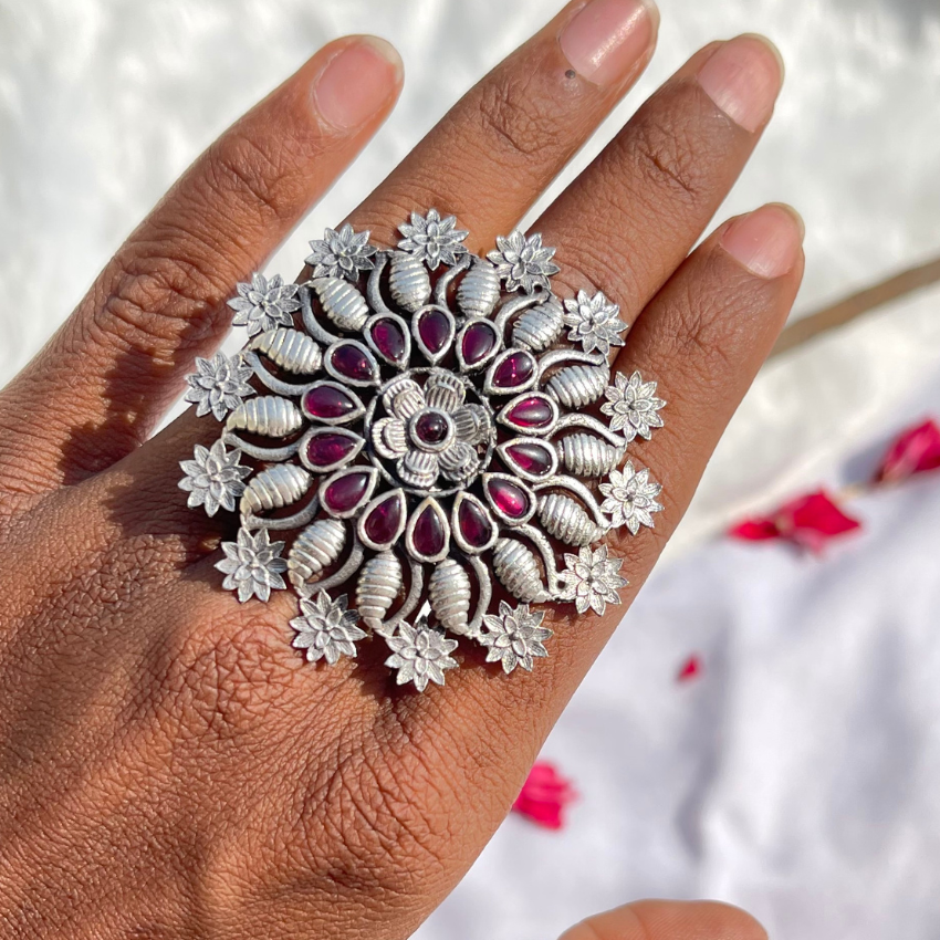 Oxidised Ruby Floral Ring