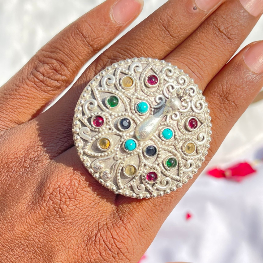 Oxidised Multicolour Stone Peacock Design Ring