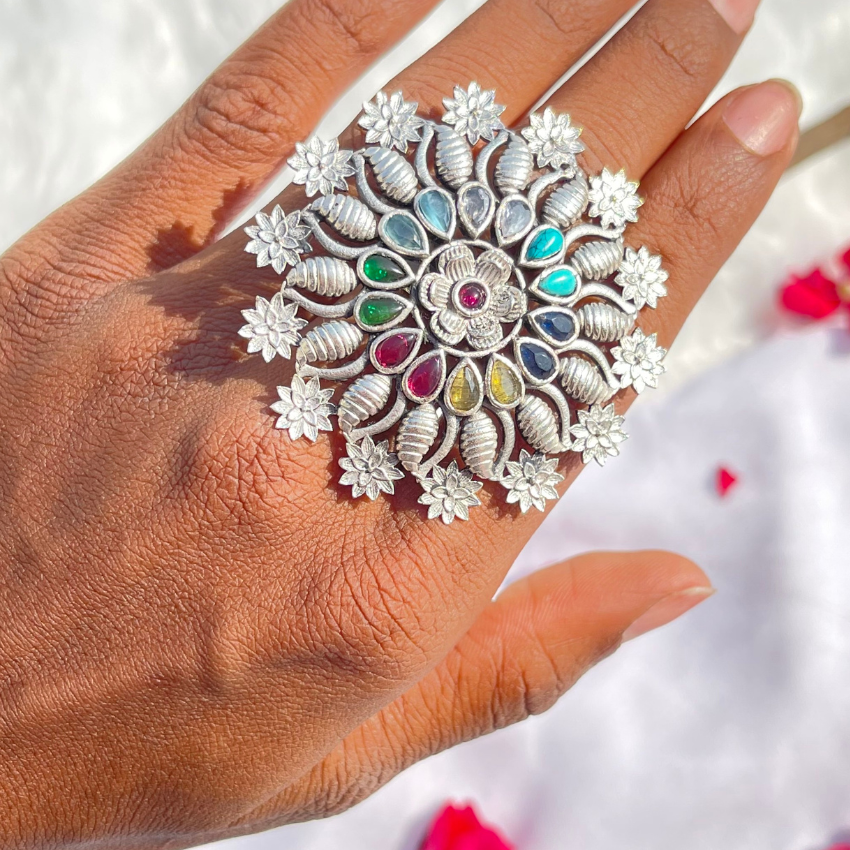 Oxidised Multicolour Floral Ring
