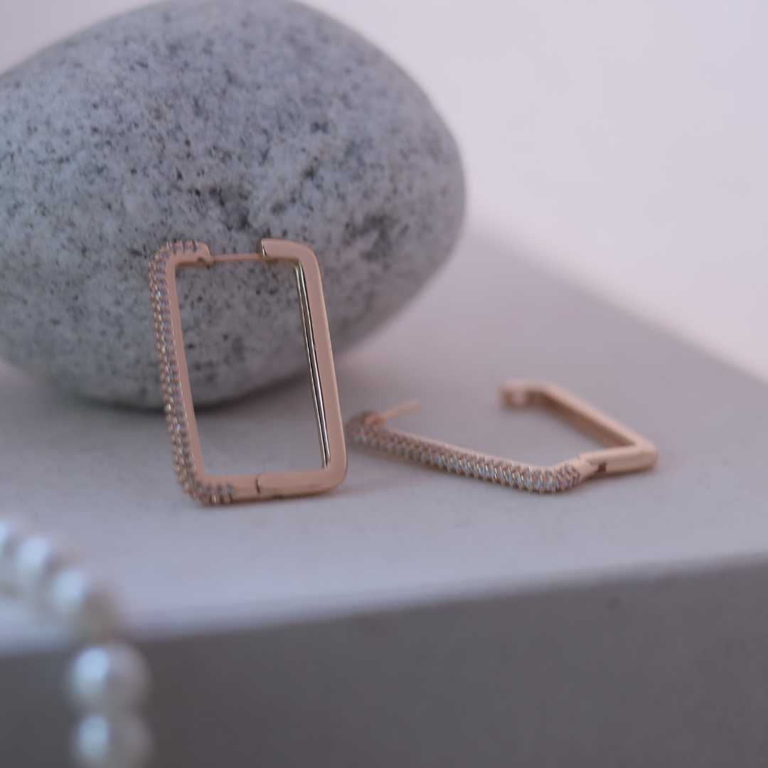 Rose Gold Rectangular Pave Huggie Hoop Earrings