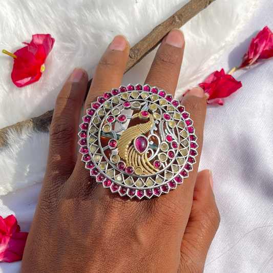 Oxidised Green & Yellow Stone Peacock Design Ring