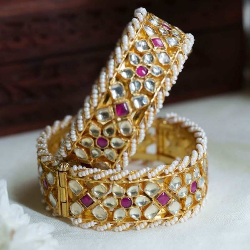 Meera Pink & White Kundan Jadau Stone Bangle