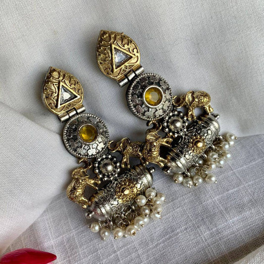 Sona Chandi- Dual Tone Elephant Motif Earring- Yellow