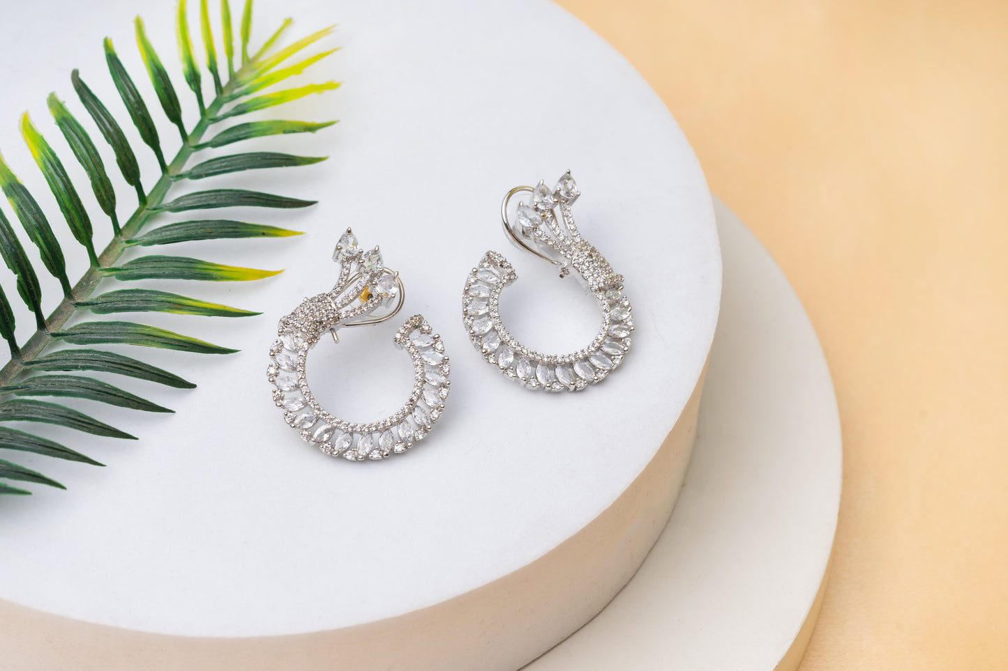 Silver Toned Studded Statement American Diamond Stud Earrings- White