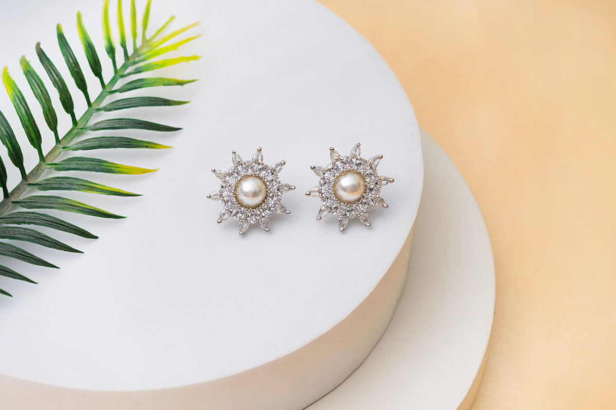 Sparkling American Diamond Pearl Stud Earrings
