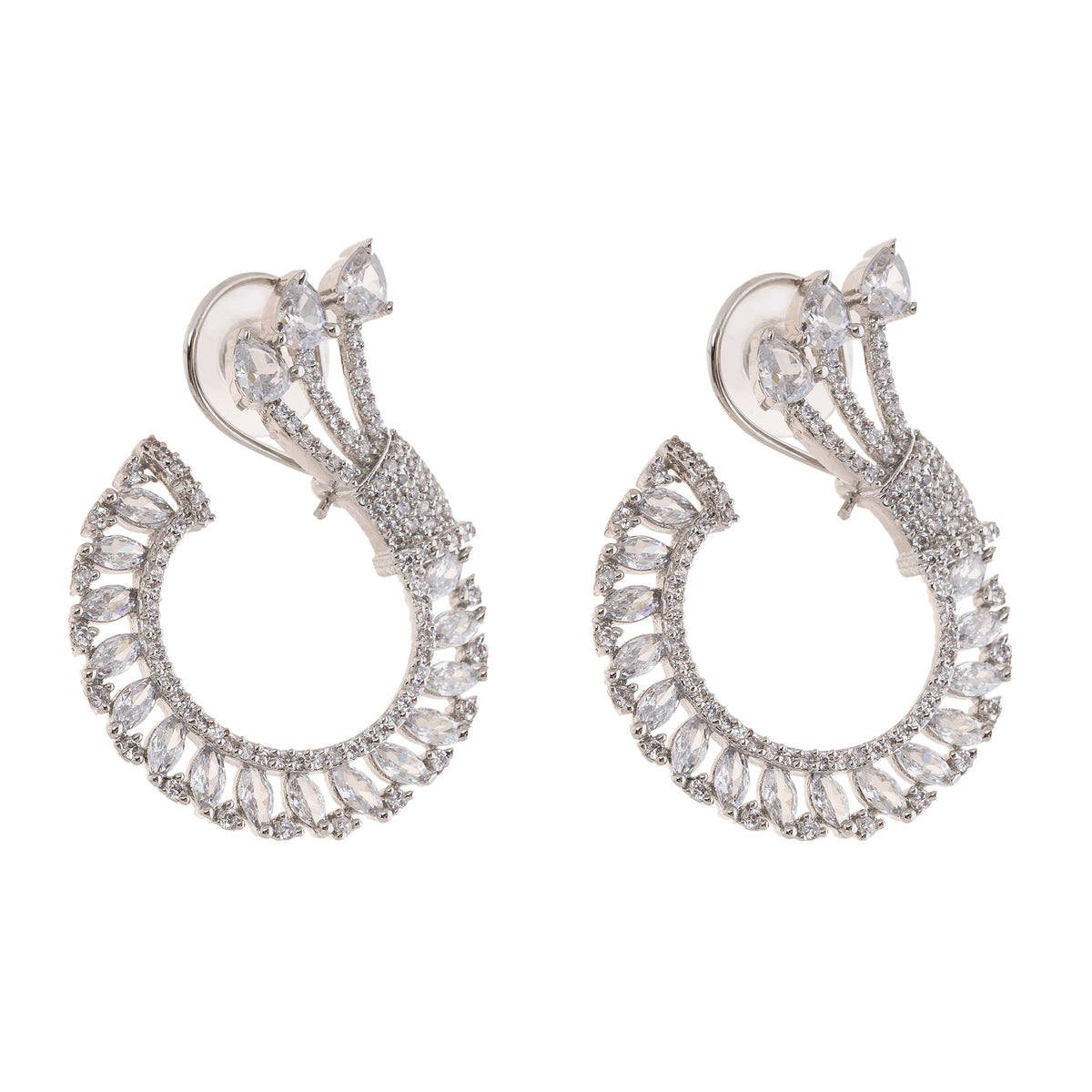 Silver Toned Studded Statement American Diamond Stud Earrings- White