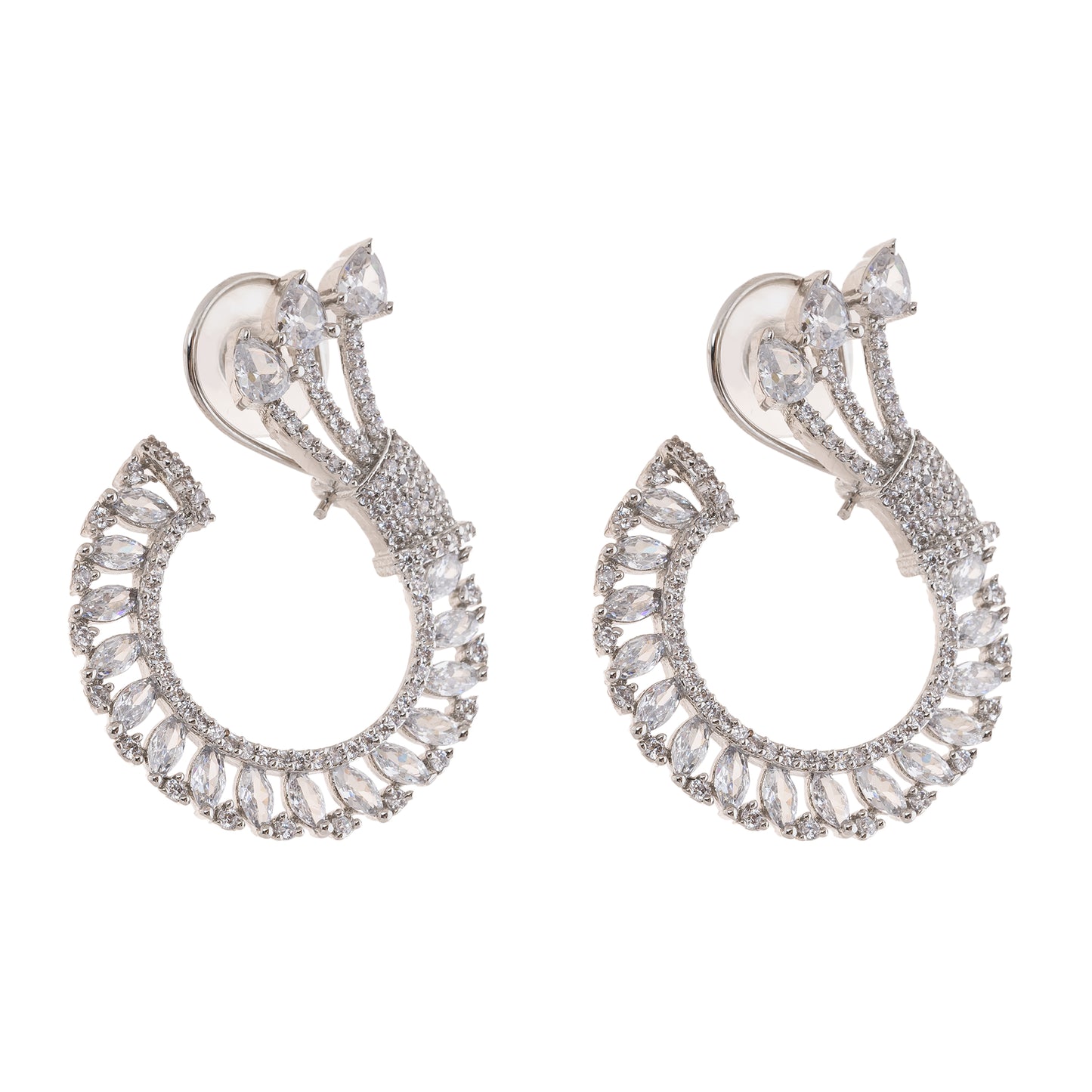 Silver Toned Studded Statement American Diamond Stud Earrings- White