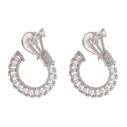 Silver Toned Studded Statement American Diamond Stud Earrings- White
