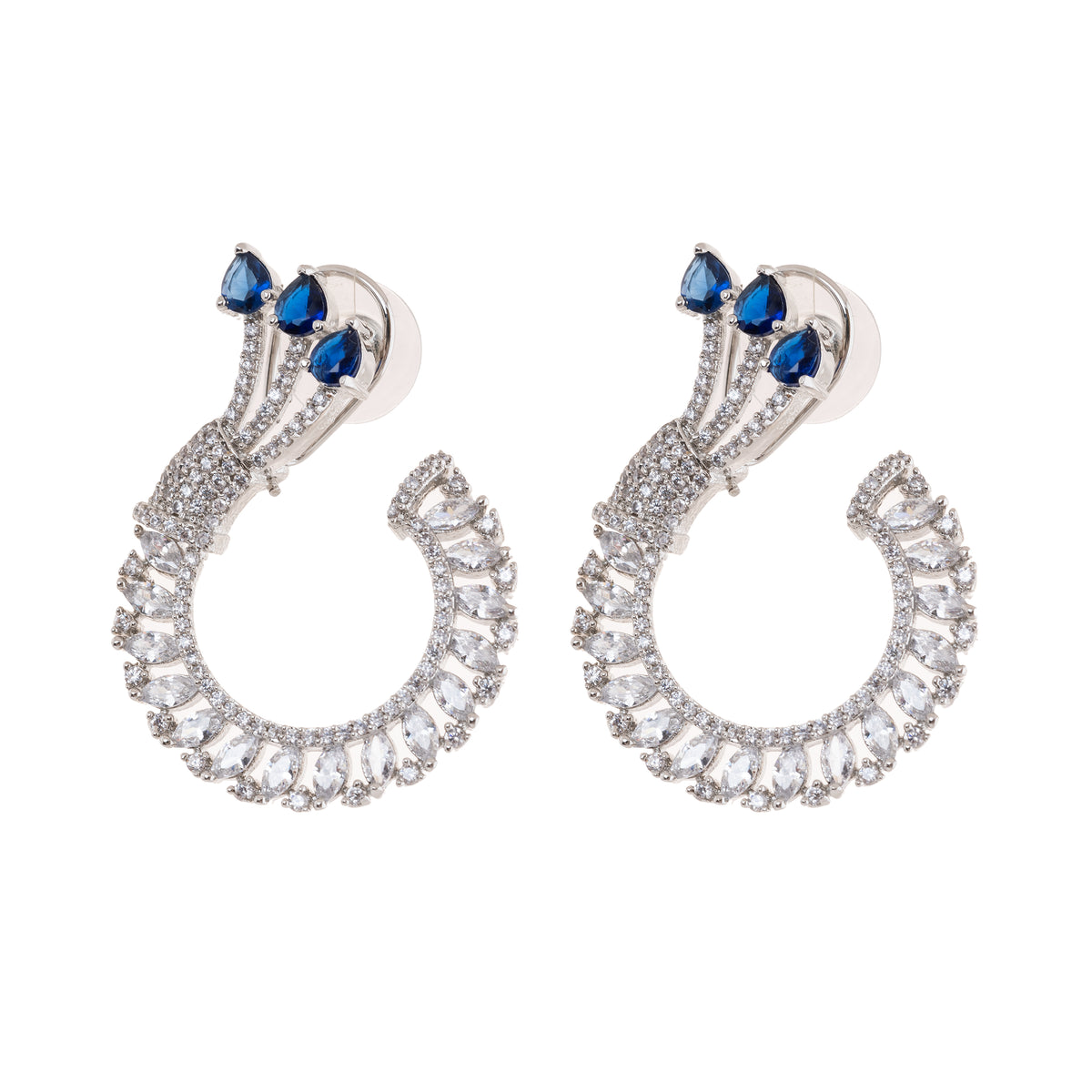 Silver Toned Studded Statement American Diamond Stud Earrings- Sapphire
