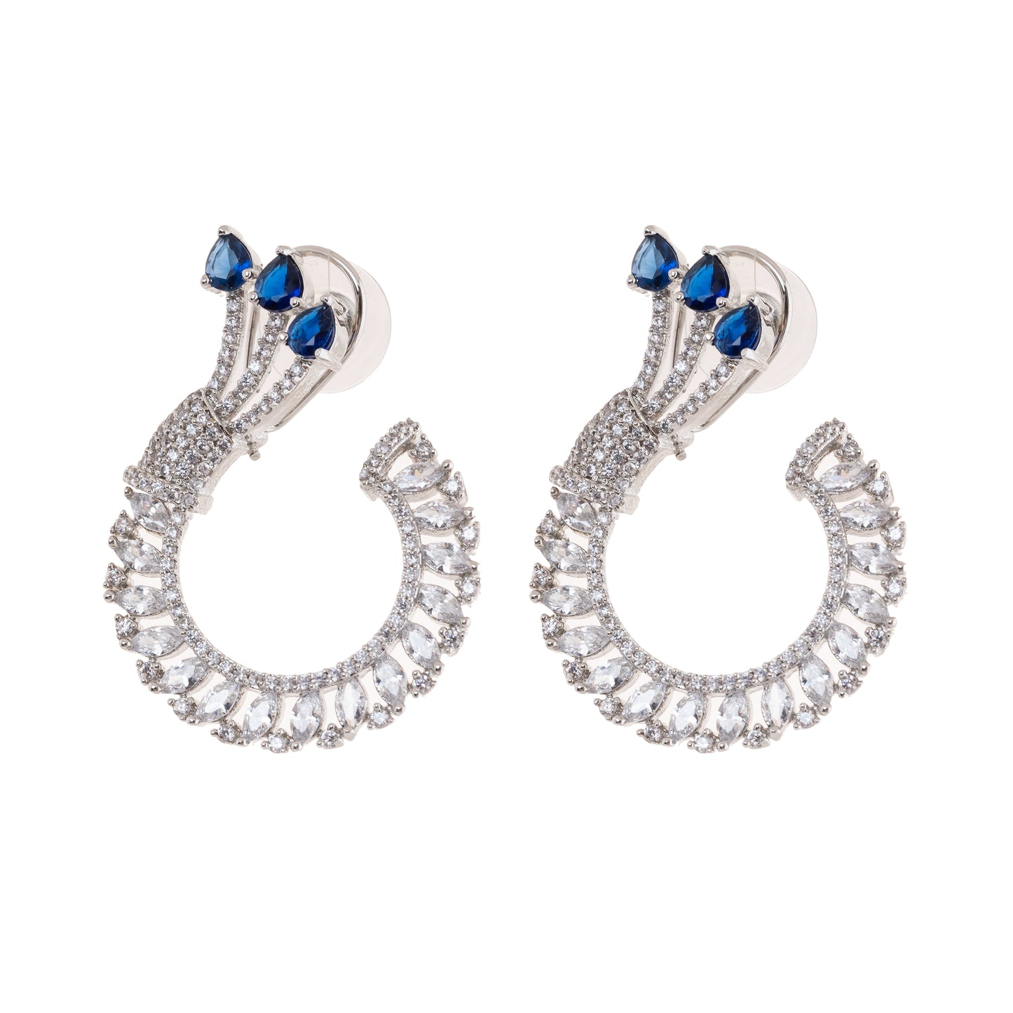 Silver Toned Studded Statement American Diamond Stud Earrings- Sapphire