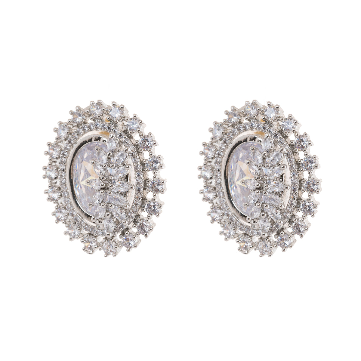 American Diamond Oval Shape Stud Earrings In Rhodium Polish