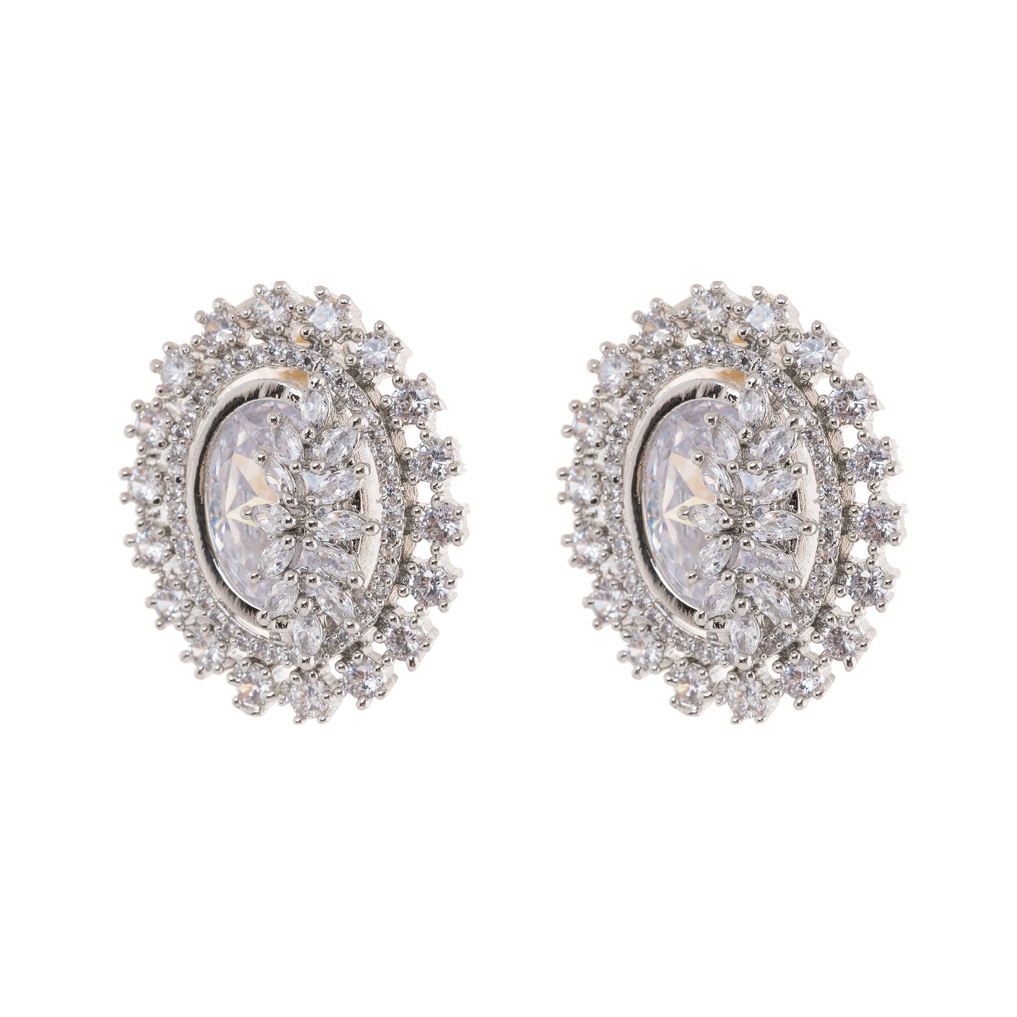 American Diamond Oval Shape Stud Earrings In Rhodium Polish