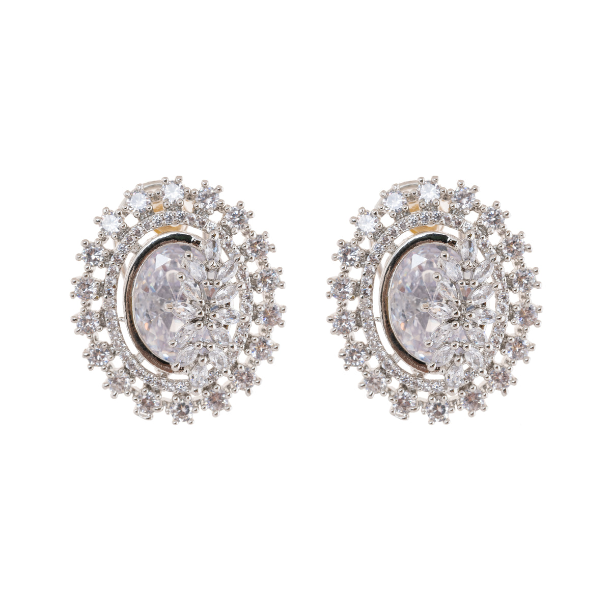 American Diamond Oval Shape Stud Earrings In Rhodium Polish