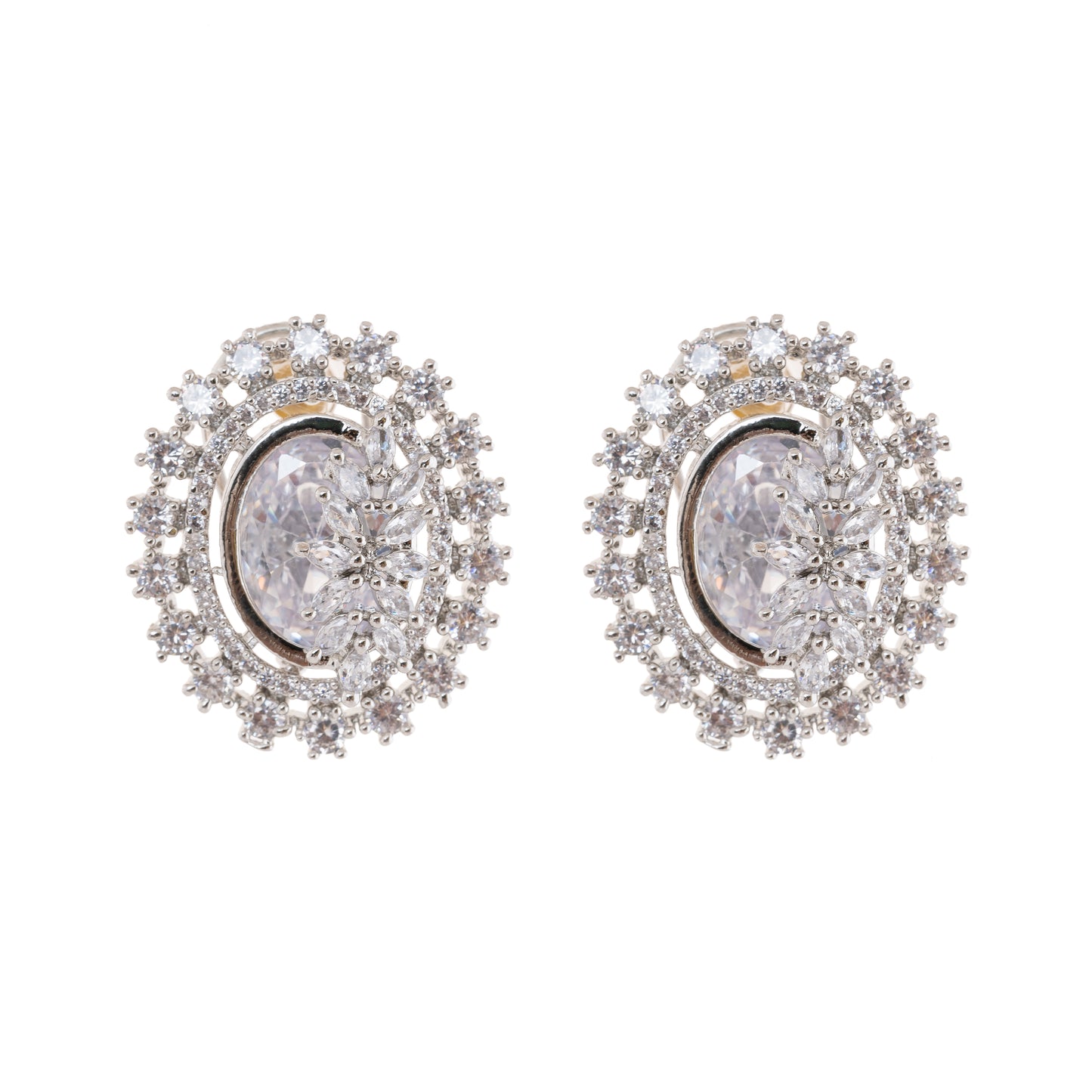 American Diamond Oval Shape Stud Earrings In Rhodium Polish