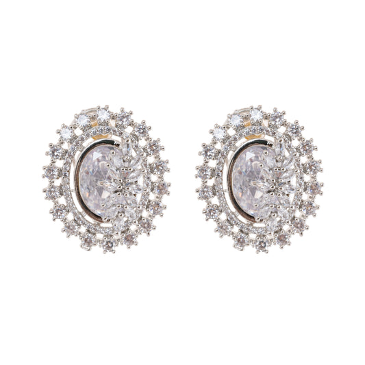 American Diamond Oval Shape Stud Earrings In Rhodium Polish