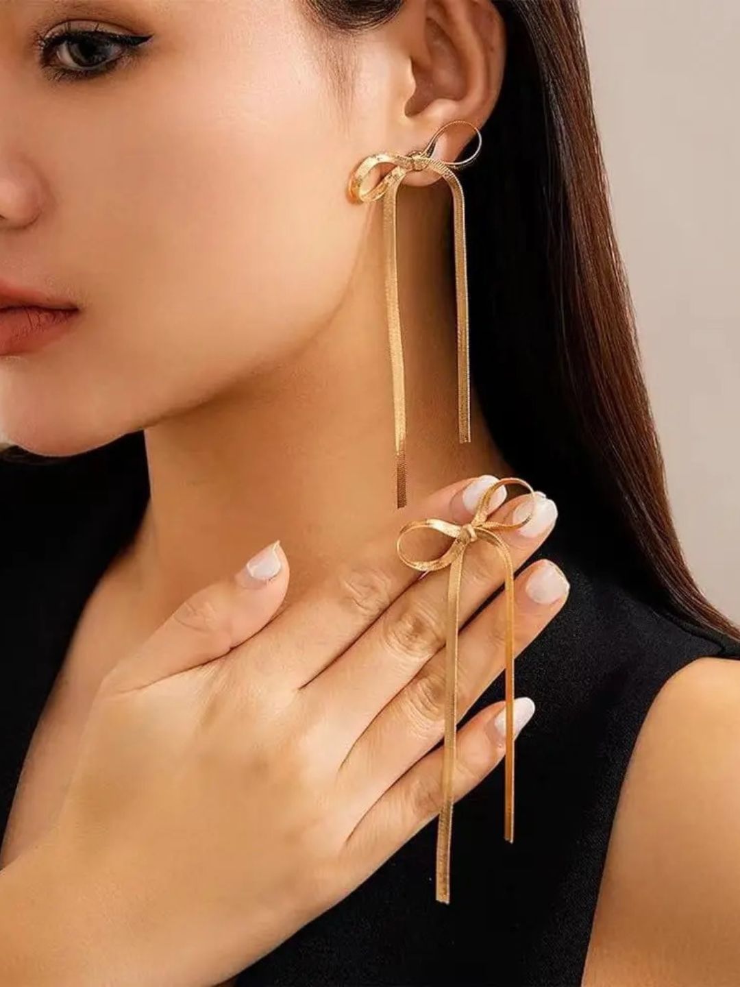 Long Tassel  Chain Bow Earrings