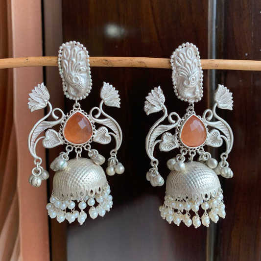 92.5 Silver Polish Handmade Jhumka In Orange Monalisa Stone