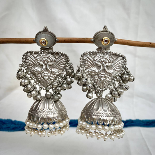 92.5 Silver Polish Peacock Design Handmade Jhumka