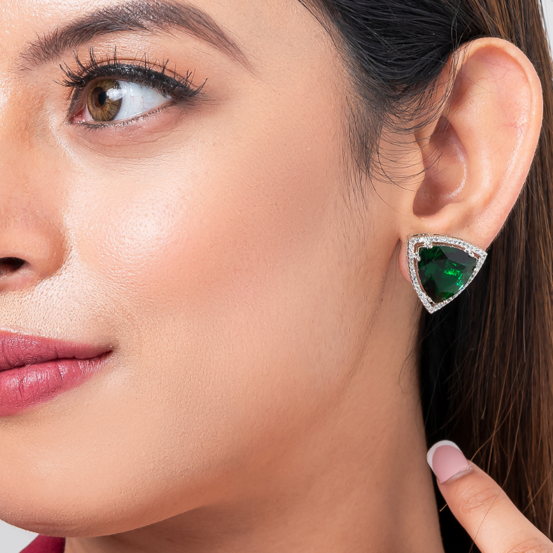 Triangle American Diamond Stud Earring- Green