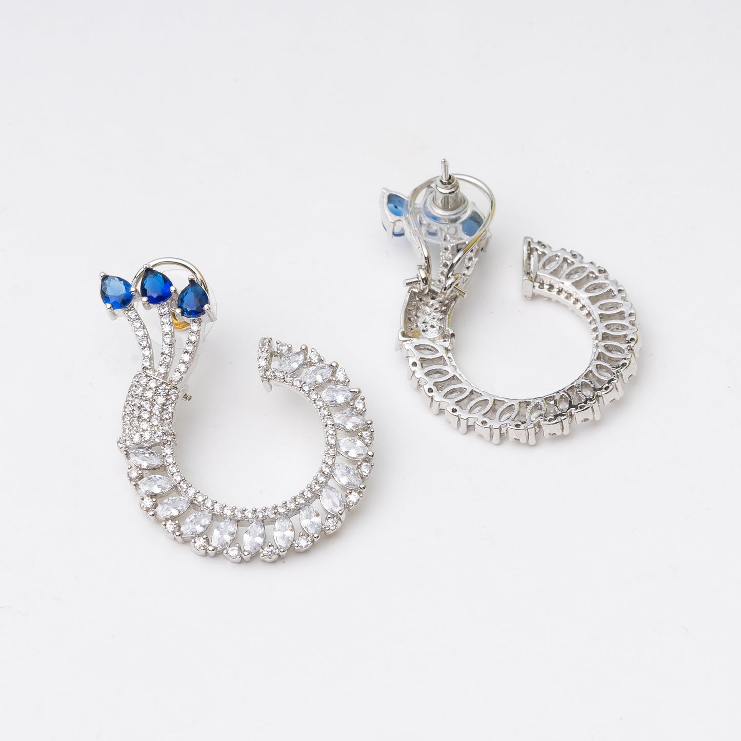 Silver Toned Studded Statement American Diamond Stud Earrings- Sapphire