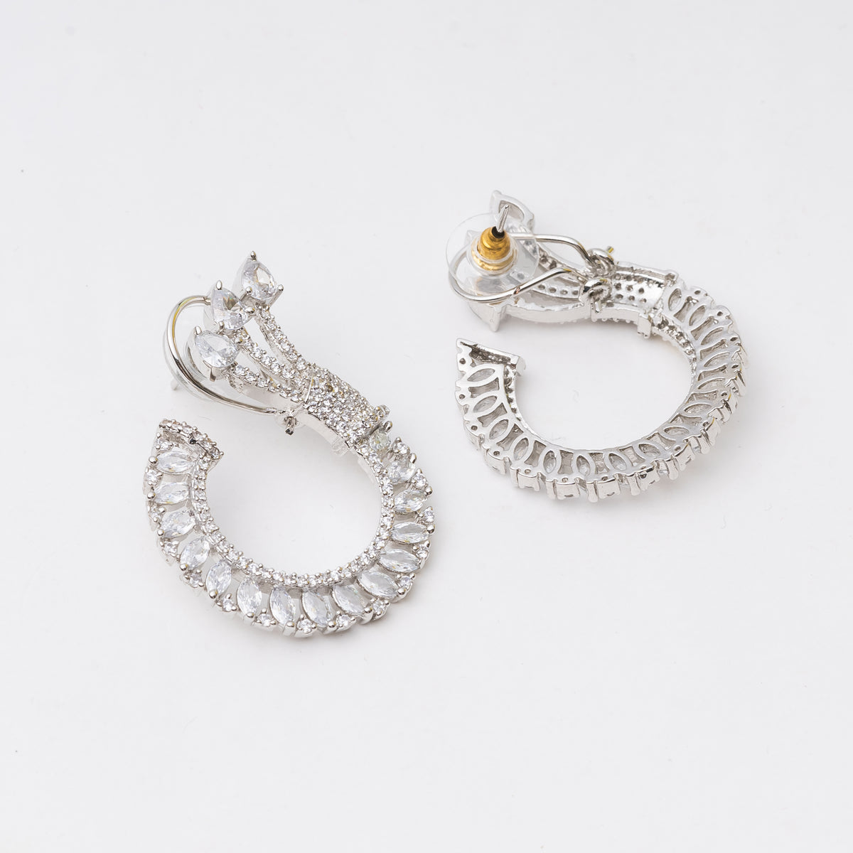 Silver Toned Studded Statement American Diamond Stud Earrings- White