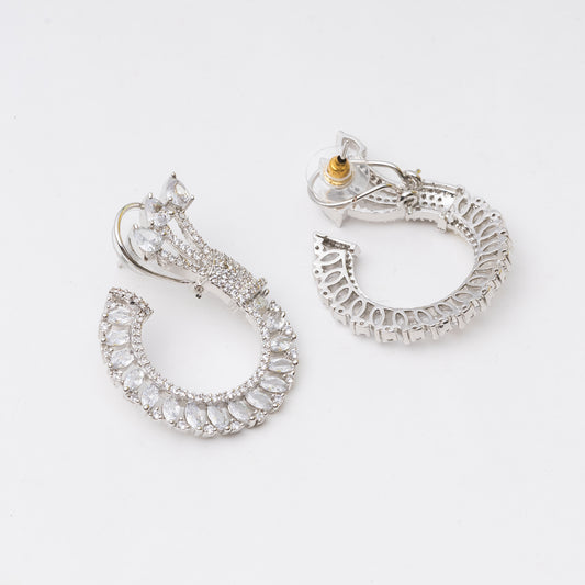 Silver Toned Studded Statement American Diamond Stud Earrings- White