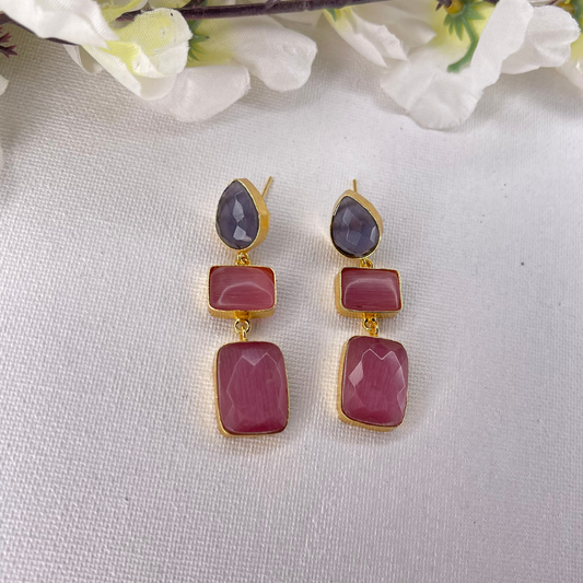 Gold Plated Crystal Handmade Earrings- Pink & Purple