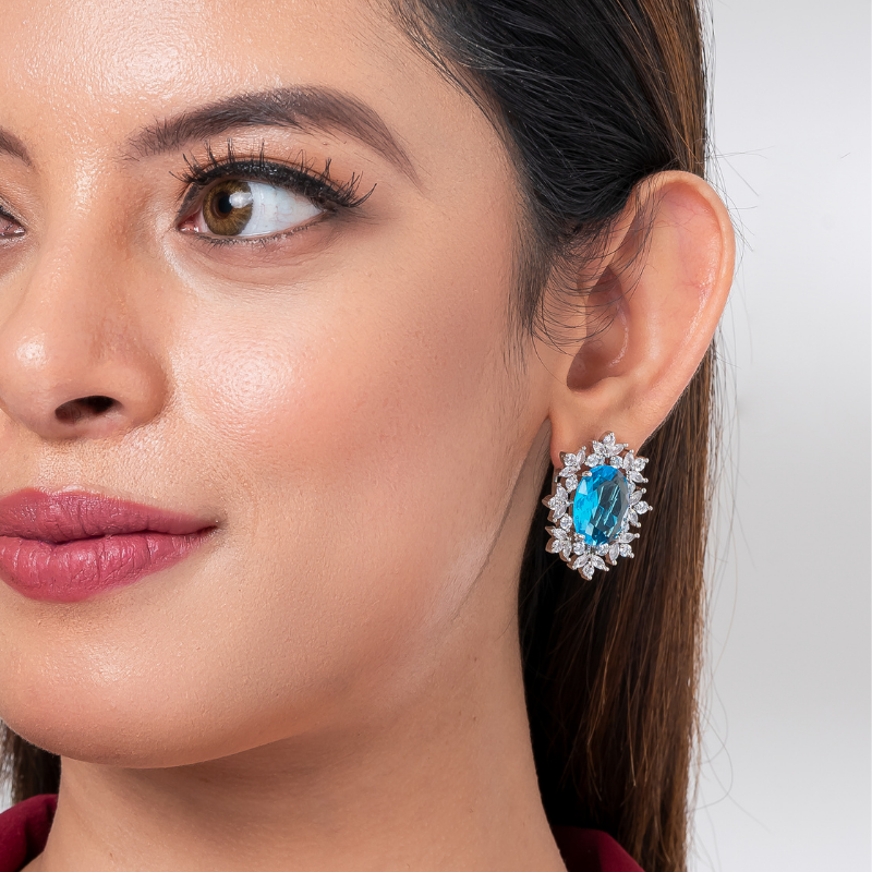 Aqua Oval Crystal American Diamond Stud Earring
