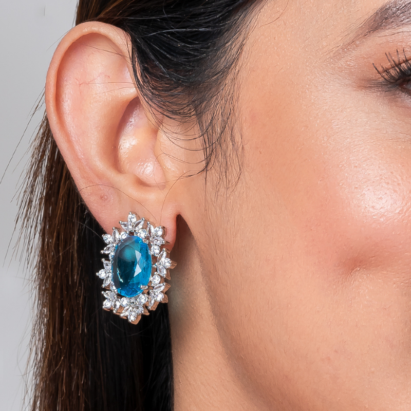 Aqua Oval Crystal American Diamond Stud Earring