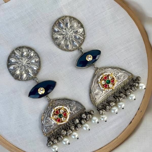 Oxidised Contemporary Long Earring- Blue