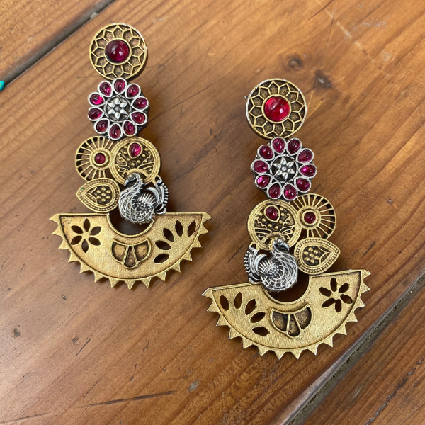 Sona Chandi- Copper Dual Tone Peacock Earring- Ruby