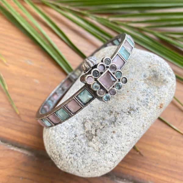 Blush Pink & Mint Green Silver Openable Kada