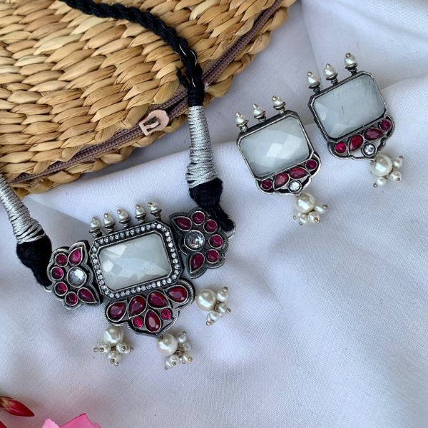 Grey & Ruby Designer Oxidised Necklace Set