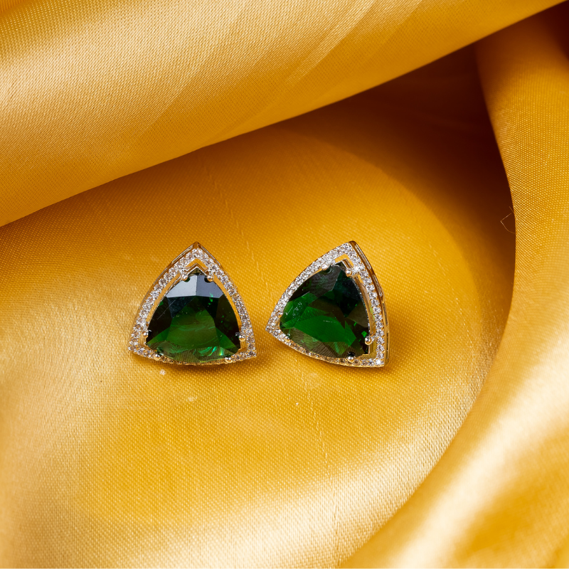 Triangle American Diamond Stud Earring- Green