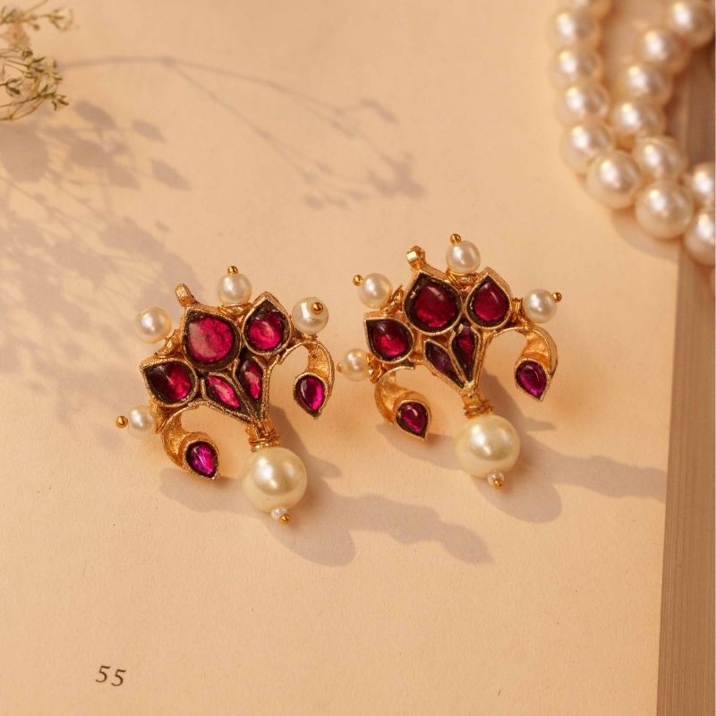 Afsa Red Kundan Embellished Earrings