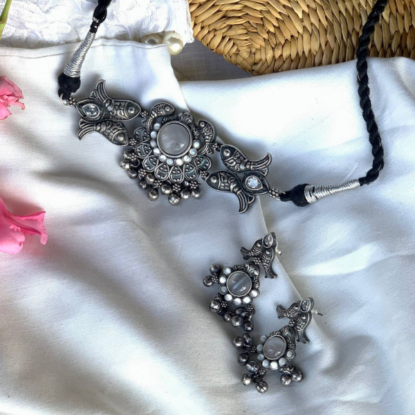 Oxidised Fish Motif Choker Necklace Set- Grey