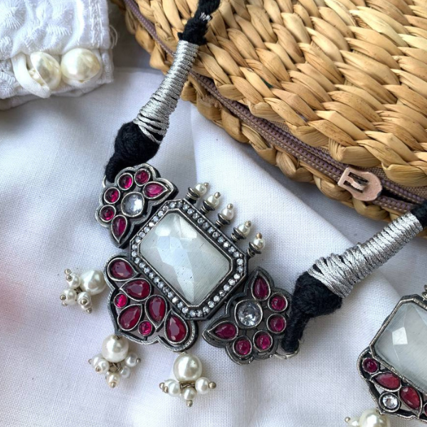 Grey & Ruby Designer Oxidised Necklace Set