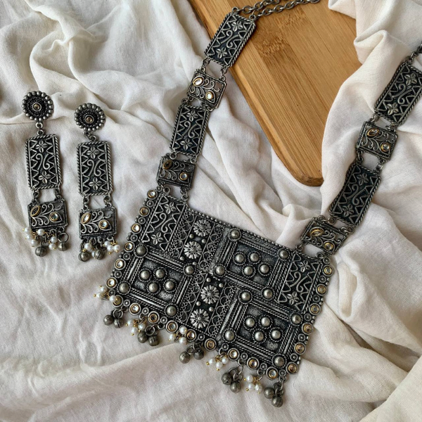 Black Polish Long Oxidised Necklace