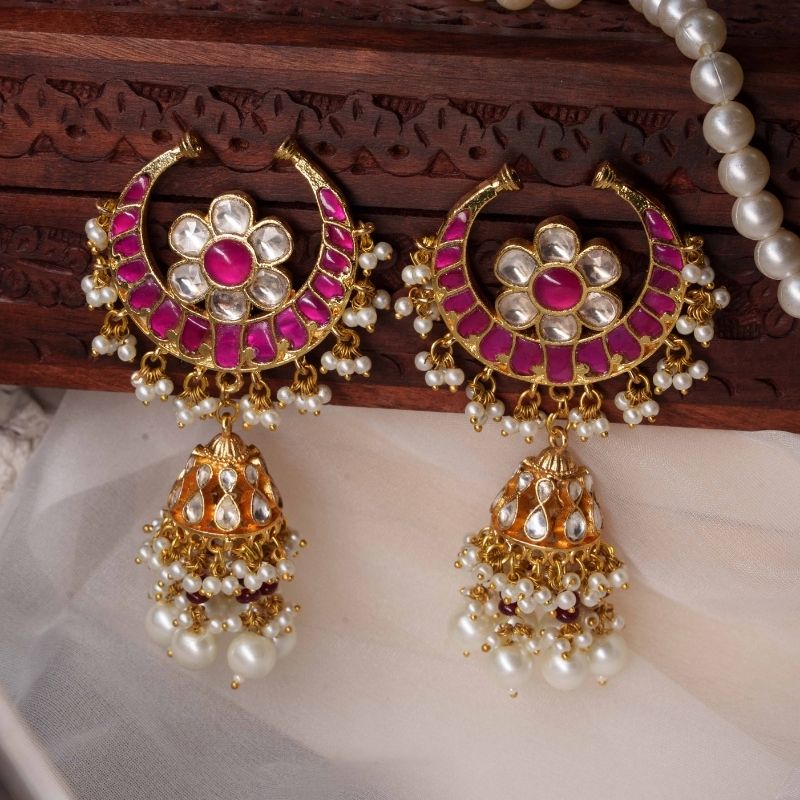 Nitha Pink & White Jadtar Chandbali Jhumka