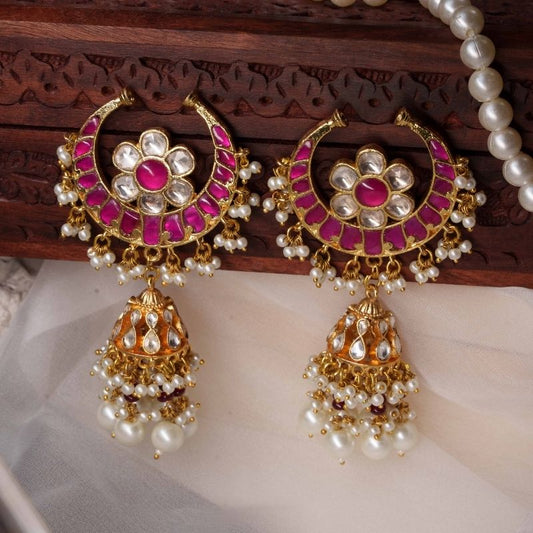 Nitha Pink & White Jadtar Chandbali Jhumka