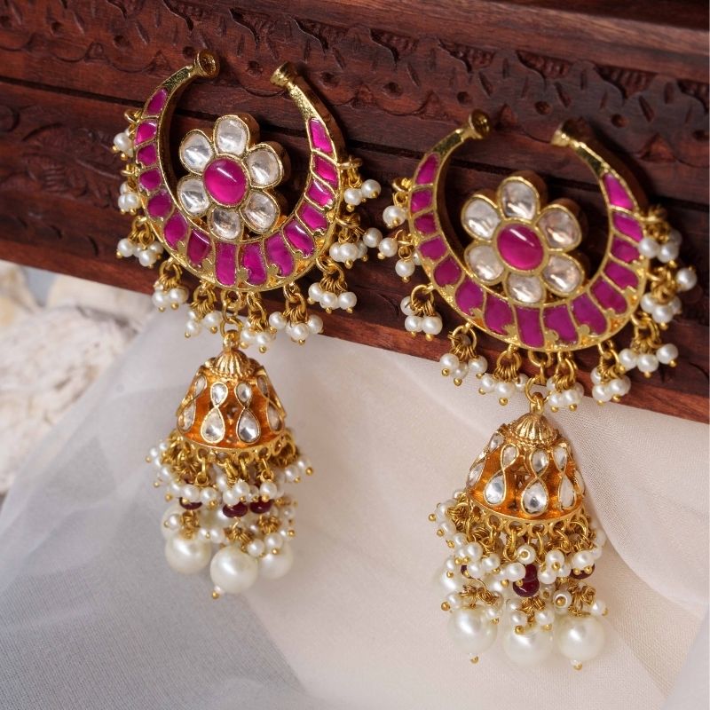 Nitha Pink & White Jadtar Chandbali Jhumka